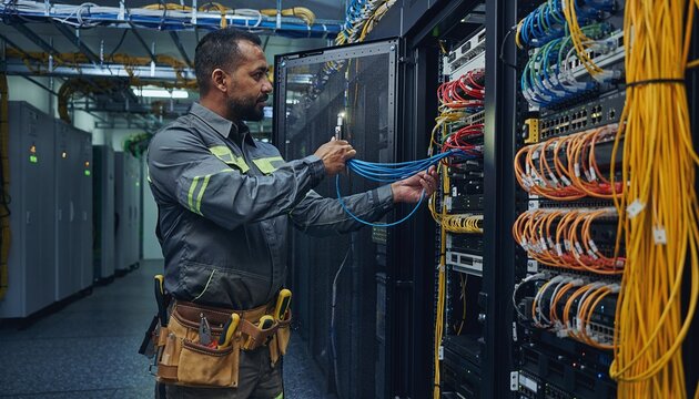 Focused IT technician inspecting server rack cables with a flashlight inside a modern data center, ensuring reliable network connectivity and digital infrastructure maintenance.