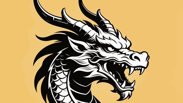 A detailed, black-and-white digital drawing of a fierce dragon's head with sharp teeth, menacing eyes, and prominent horns, set against a mustard yellow background.
