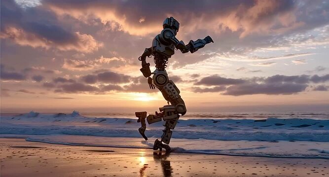 Futuristic humanoid robot performing a joyful, energetic dance on the wet sand of a beach during a beautiful, cloudy sunset, with its reflection visible on the shore as waves gently roll in