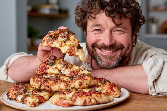 Happy man eating delicious cheesy pizza slice with melted cheese pull
