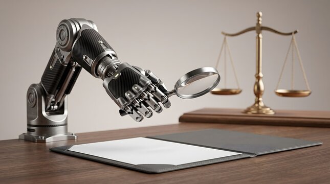 Robotic arm holding a magnifying glass over a document on a desk with the scales of justice in the background