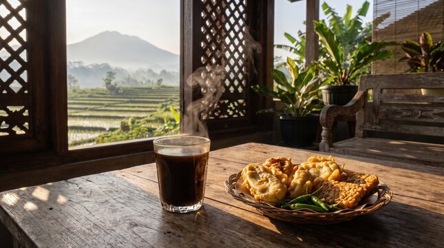 Steaming Hot Coffee and Indonesian Fried Snacks Gorengan with Scenic Mountain View