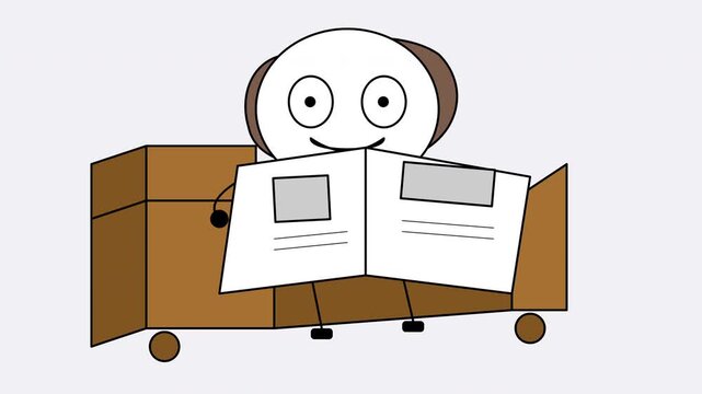 Cartoon character reading newspaper. Happy mascot sitting on sofa with news.