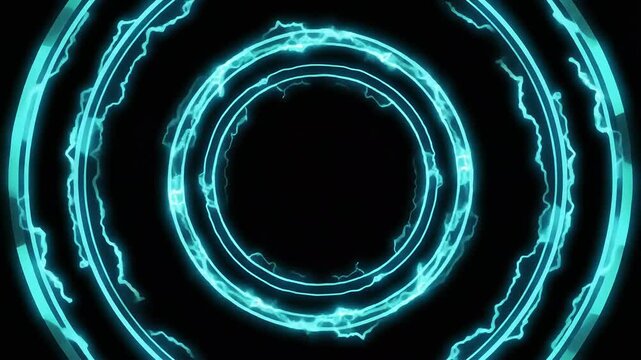 Glowing neon blue circular energy ring with electric lightning effects on a black.