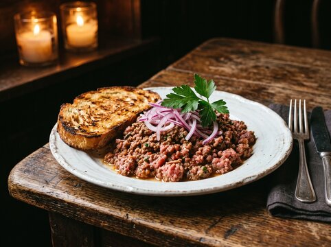 Steak tartare topped with red onion and parsley, served with toasted sourdough bread on a rustic wooden table