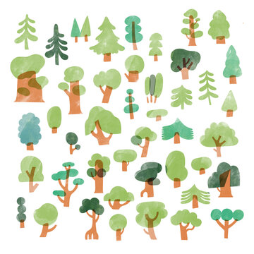 Hand-Drawn Watercolor Tree Collection Forest Trees Illustration Set Without Line Art