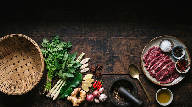 Top down view of Asian rustic cooking ingredients and bamboo basket with copy space