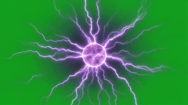 Purple plasma ball emitting electrical lightning bolts on a green screen.