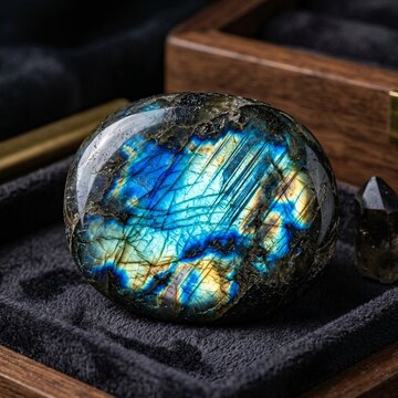 Extreme macro photograph of polished labradorite gemstone showing vivid blue