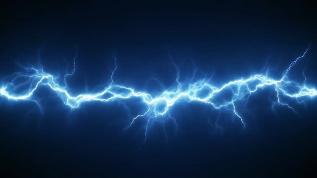 Bright blue electrical lightning discharges horizontally across a dark background.