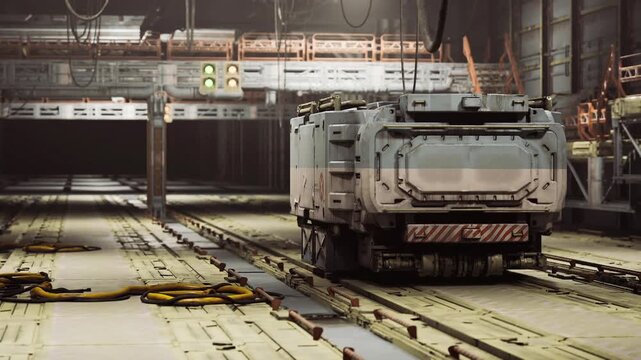 Maintenance bay with service rover and diagnostic lights, overhead conduits and cable trays, tool stations, charging dock, sterile concrete, focused task