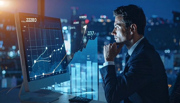 Businessman analyzing financial growth chart with 2030 goal and 5 year plan