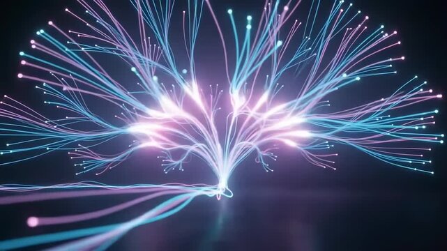 Abstract digital animation of glowing pink and blue fiber optic lines branching outward on a dark background.