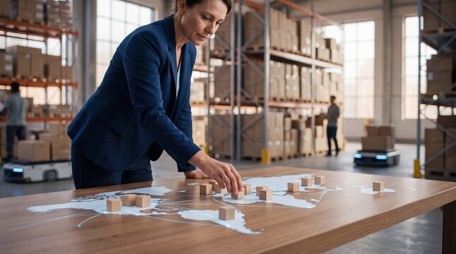 Logistics Manager Planning Global Strategy: A focused logistics manager meticulously arranges wooden blocks on a world map.