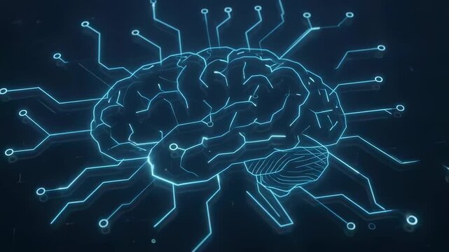 Digital animation of a glowing blue human brain with expanding circuit board connections on a dark background.