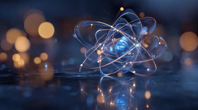 Abstract atomic structure with glowing particles and bokeh effect