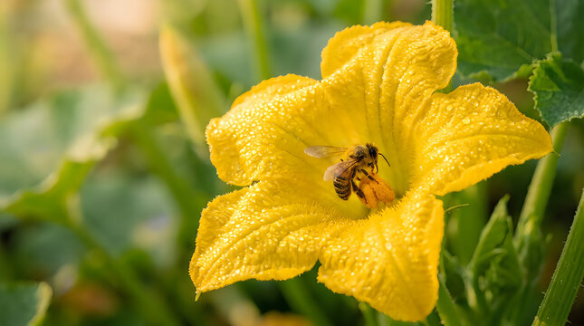 A honey bee pollinating a vibrant yellow squash blossom flower