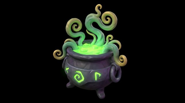 Stylized 3D Magic Cauldron with Glowing Green Runes and Boiling Swirling Potion Isolated on Black