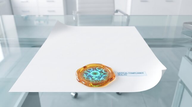 Blank white paper sheet with golden wax seal emblem on glass desk modern office background 3d rendering