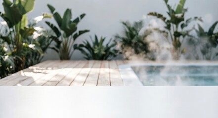 Fototapeta premium Modern Poolside Terrace with Tropical Plants for Interior Design