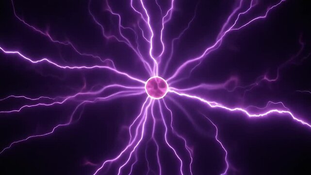 Purple plasma ball discharges electric currents radiating from a central sphere.