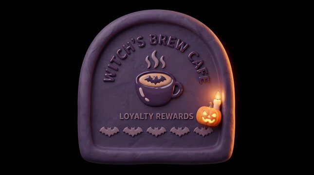 Stylized Clay Tablet for Witch's Brew Cafe Loyalty Rewards with Coffee Cup and Pumpkin Candle Isolated on Black