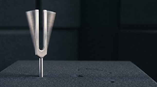 Precision metallic tuning fork poised in a controlled dark acoustic environment, symbolizing pure frequency, scientific measurement, and harmonic resonance in a clean setting