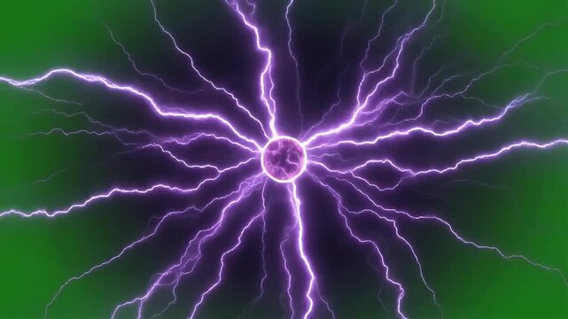 A bright purple lightning bolt flashes across a dark green and black background.