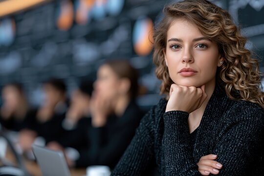 Attractive businesswoman with curly hair looking confident in modern office