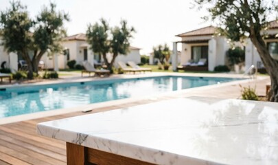 Fototapeta premium Luxury Villa Poolside Terrace with Marble Table for Lifestyle Design