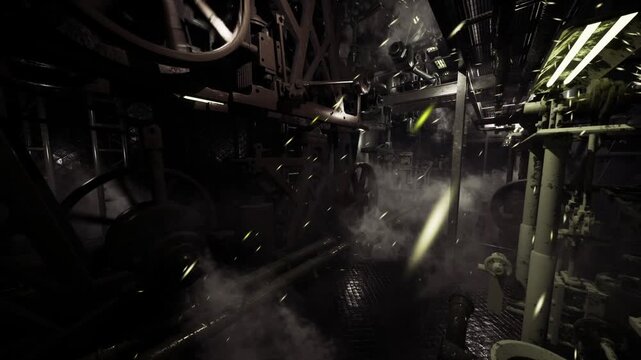 Ominous machinery hall with drifting sparks and heavy silhouettes, smoky atmosphere, scattered embers, worn catwalks and sense of mechanical menace