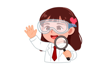 Cute Girl Scientist Holding Magnifying Glass, Cute Little Researcher Vector Illustration