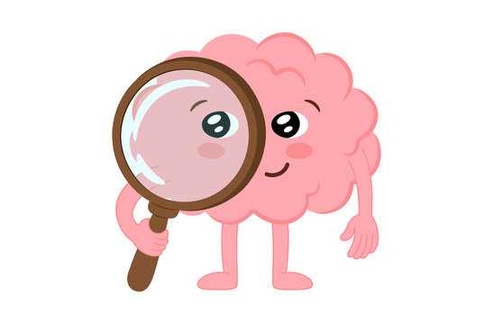 Cute Brain Character Holding Magnifying Glass, Cute Human Mind Search Vector Illustration