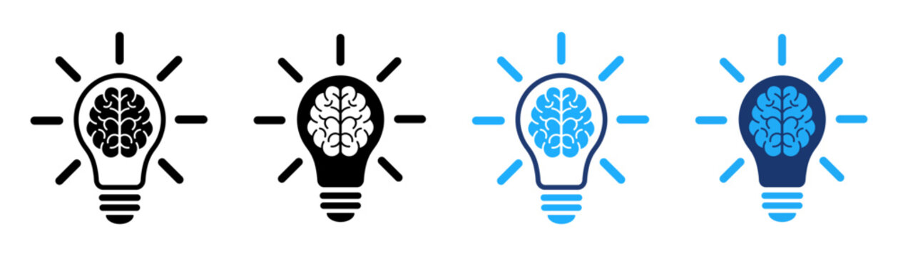 Brain inside light bulb icon set. Creative idea, intelligence, innovation and thinking symbols.