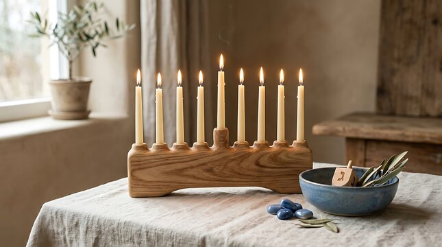 Earthy Wooden Hanukkah Menorah with Lit Candles and Dreidel on Linen Tablecloth