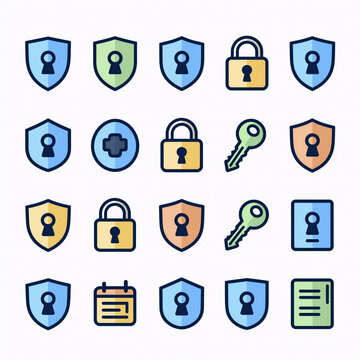 Pastel Art Cybersecurity Website App. White-Themed Icons Symbolizing Cybersecurity And Privacy In Secure Data Browsing