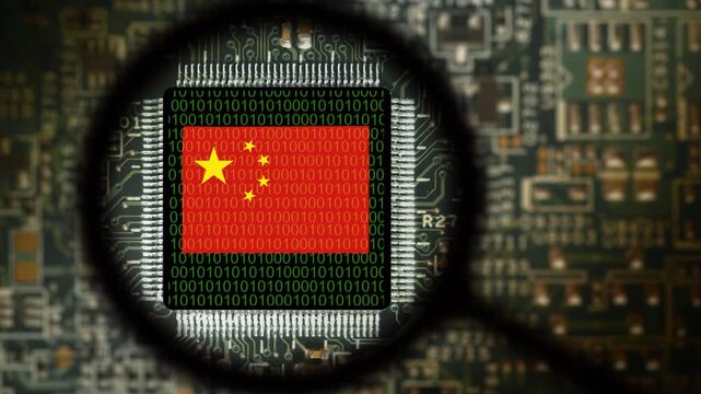 Flag of China on a processor. Computer board with chip. View through magnifying glass