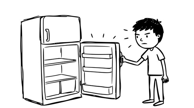 A young boy stands before an open refrigerator, showing frustration and disappointment as he discovers the lack of food inside. This highlights feelings of hunger and longing.