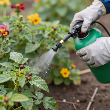 Stop-Motion Potato Animal. Spraying Pesticide To Control Colorado Potato Beetle Larvae On Outdoor Plants