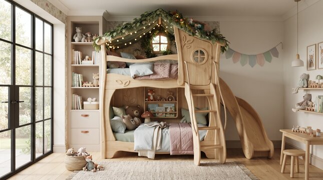 Enchanting wooden bunk bed with slide, resembling a whimsical treehouse, creating a magical bedroom for children