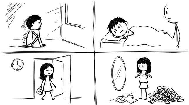 A cartoon storyboard illustrates the emotional journey of a young boy from loneliness to happiness, showing relatable moments like introspection and confidence.