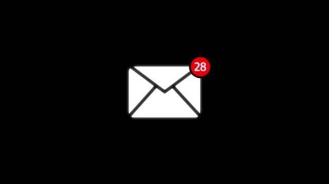 Email notification with unread message counter animation on black background, envelope
