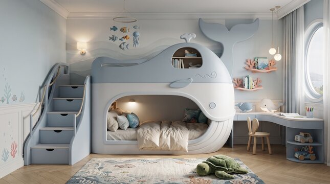 Modern Whale-Themed Kids' Bedroom with Nautical Bunk Bed and Decor