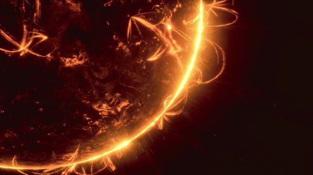 Vivid celestial display. Luminous cosmic ring surrounds spinning globe. Energetic cosmic loops and glowing corona enshroud planet with vibrant sparks