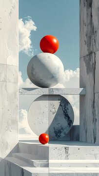 Minimalist surreal composition of balanced marble spheres and vibrant red orbs under a serene blue sky with clouds, evoking harmony and calm. Modern 3D conceptual art with nobody.