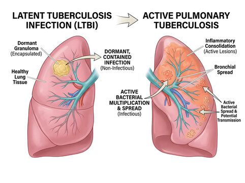 Latent vs active pulmonary tuberculosis lung diagram isolated on white background