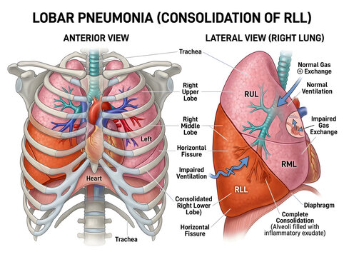 Lobar pneumonia consolidation in right lower lung isolated on white background