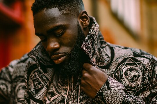 Dark-skinned man adjusts patterned jacket