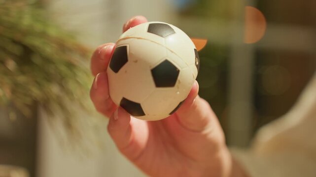 Close up hands holding mini soccer ball, warm cafe bokeh and tabletop plant, palm cradling textured stress toy, gentle squeeze and rotation, soft golden light and intimate cinematic mood