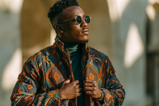 Man in patterned jacket wears round sunglasses